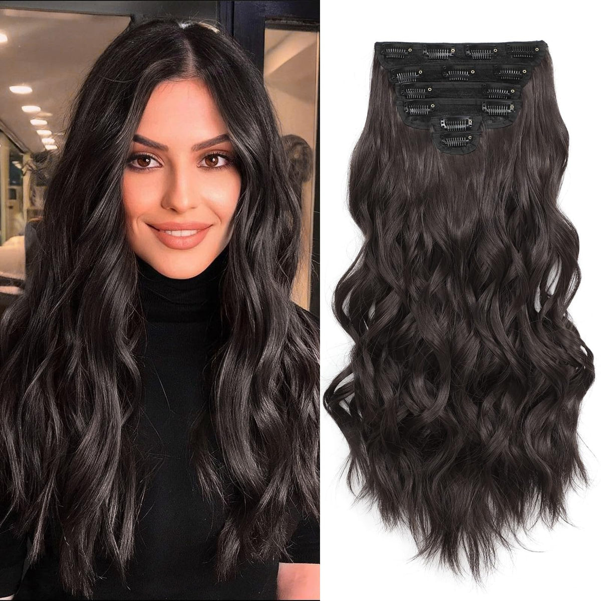 Fliace clip-in extensions in 20 inch dark brown, adding length and natural waves.