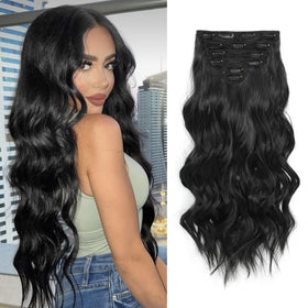 Fliace natural black clip-in extensions 20in six-piece set and weft detail