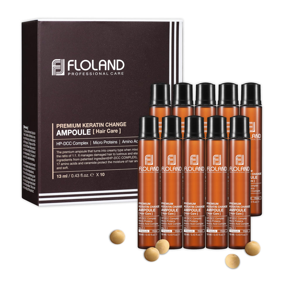 FLOLAND Premium Keratin Serum bottle close-up showing salon-quality repair for damaged hair