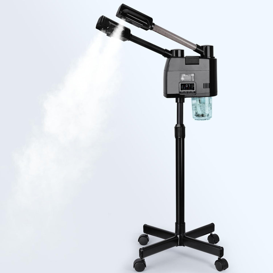 FLOLXNB professional facial steamer front view highlights durable stainless steel for spa-grade steam