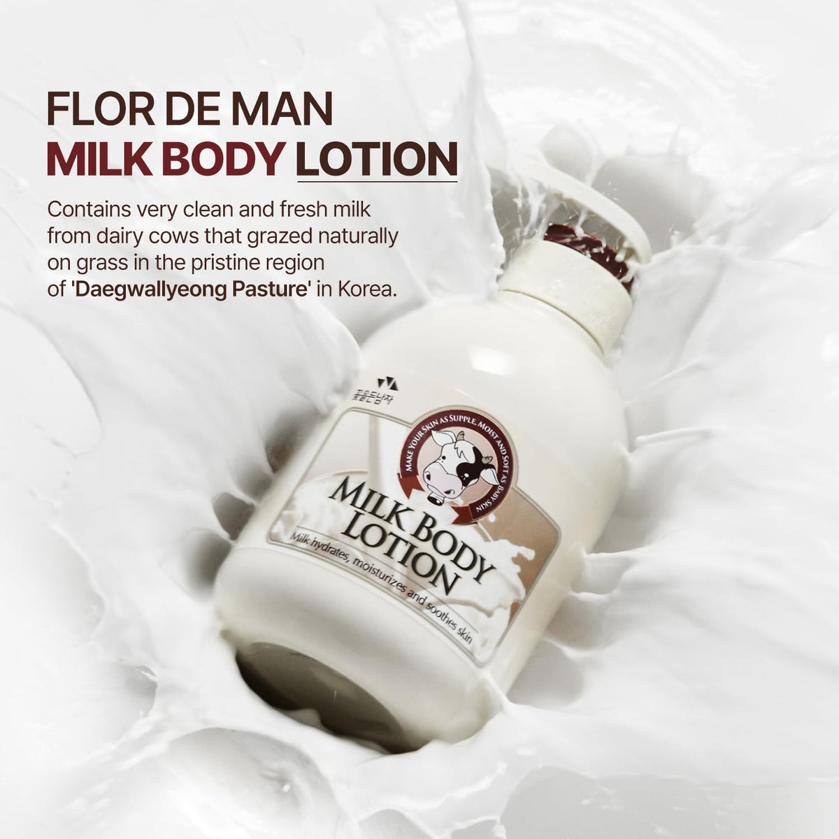 Flor De Man COSMOCOS Somang Milk Body Lotion bottle side highlighting non-greasy texture