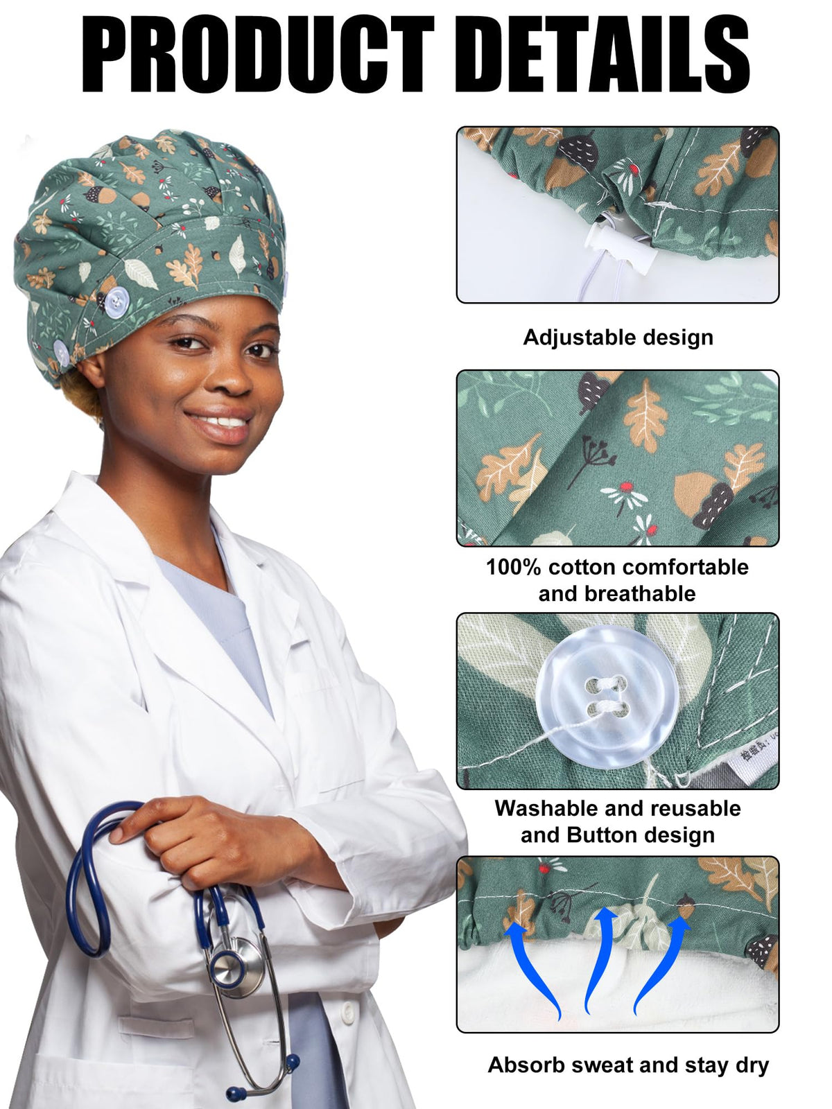 Floraltop adjustable tie-back scrub cap fits varied head sizes.
