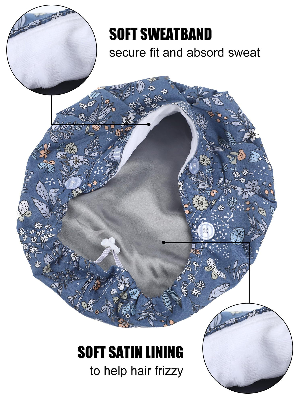 Floraltop nurse cap with side buttons secures masks and hair.