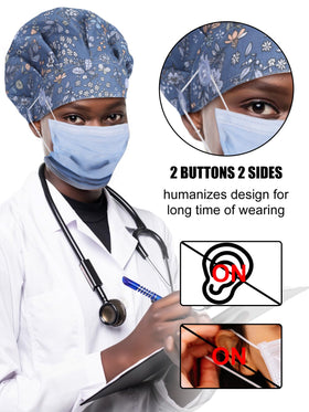 Floraltop ponytail-holder scrub cap keeps hair tidy during shifts.