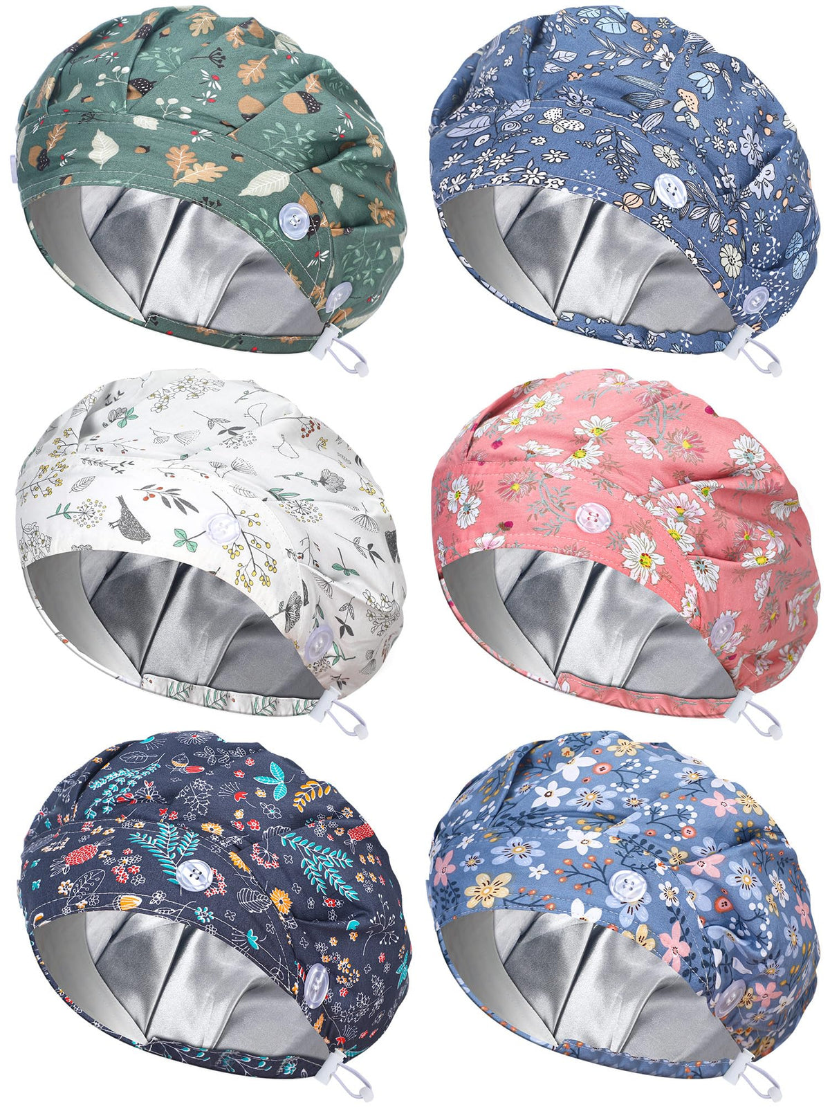 Floraltop satin-lined scrub cap six-pack ready for all-day comfort.