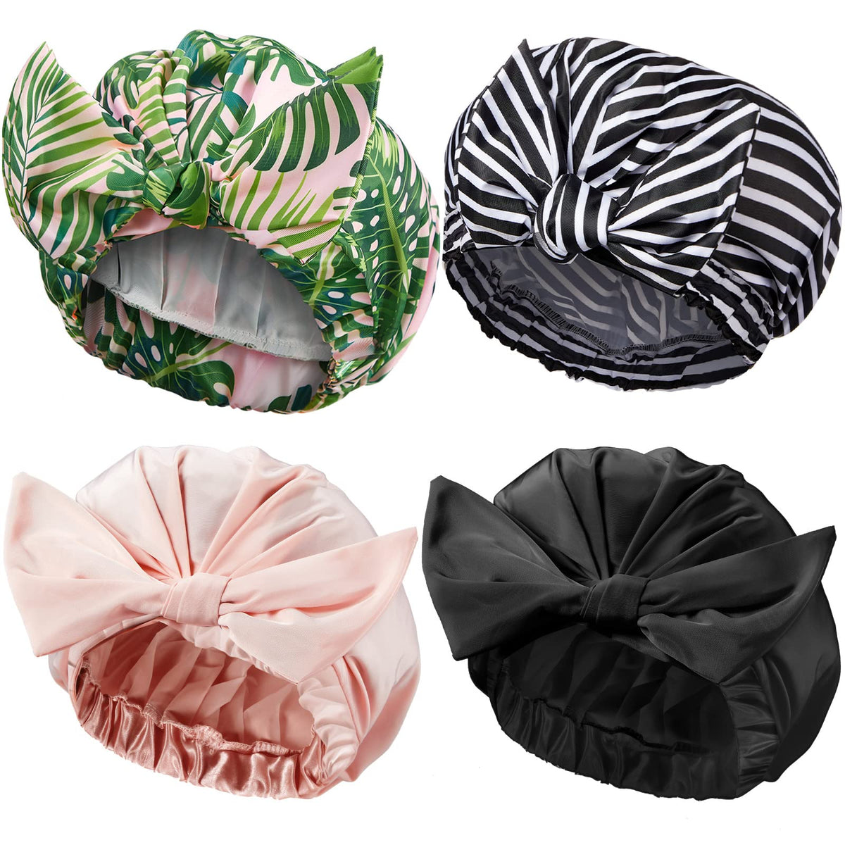 Floraltop nylon bowknot shower cap provides secure coverage for long hair.