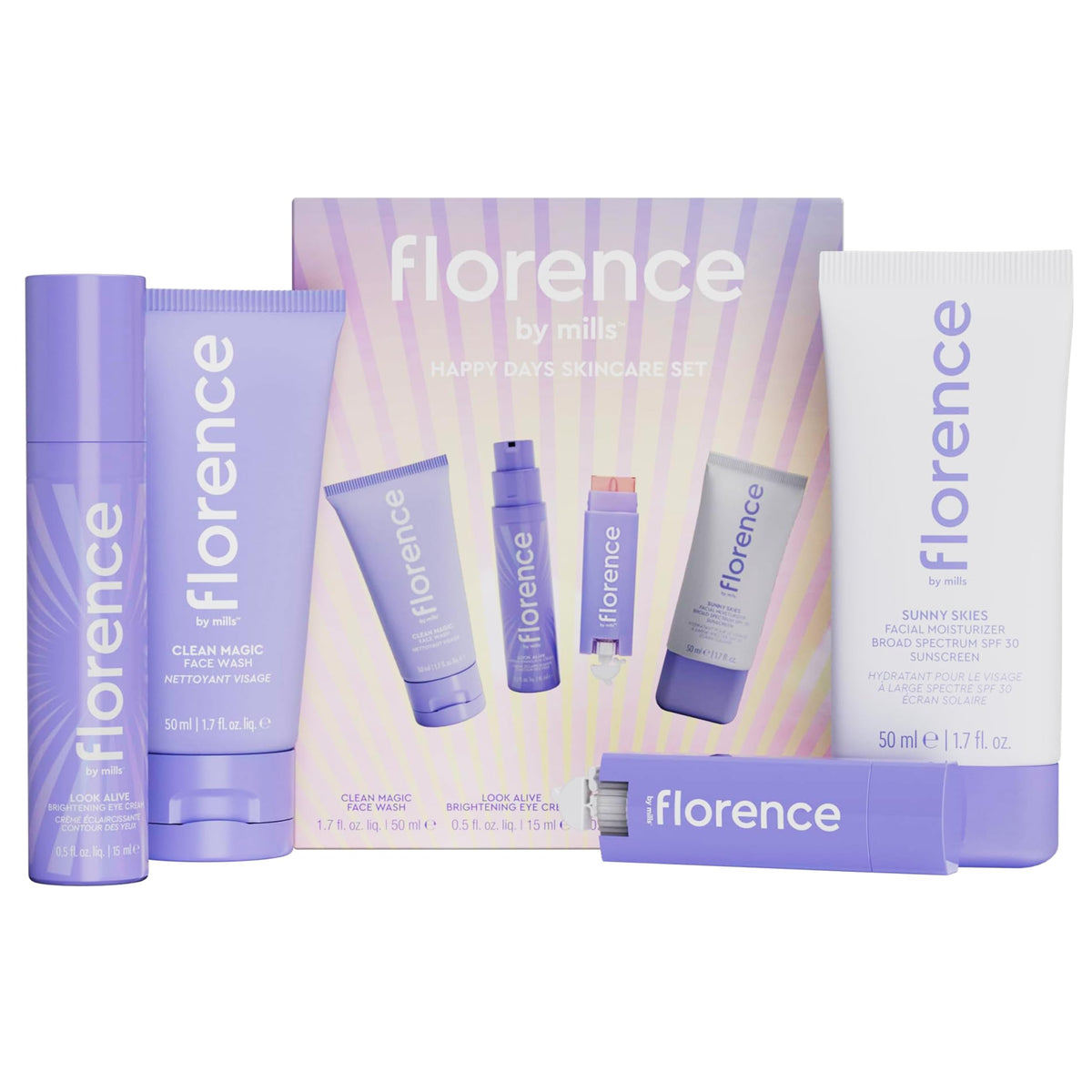 Florence by Mills Happy Days Skincare Set on bathroom counter for an easy daily routine