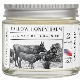 Florida Barn Tallow Honey Balm jar close-up showing creamy moisture for dry skin.