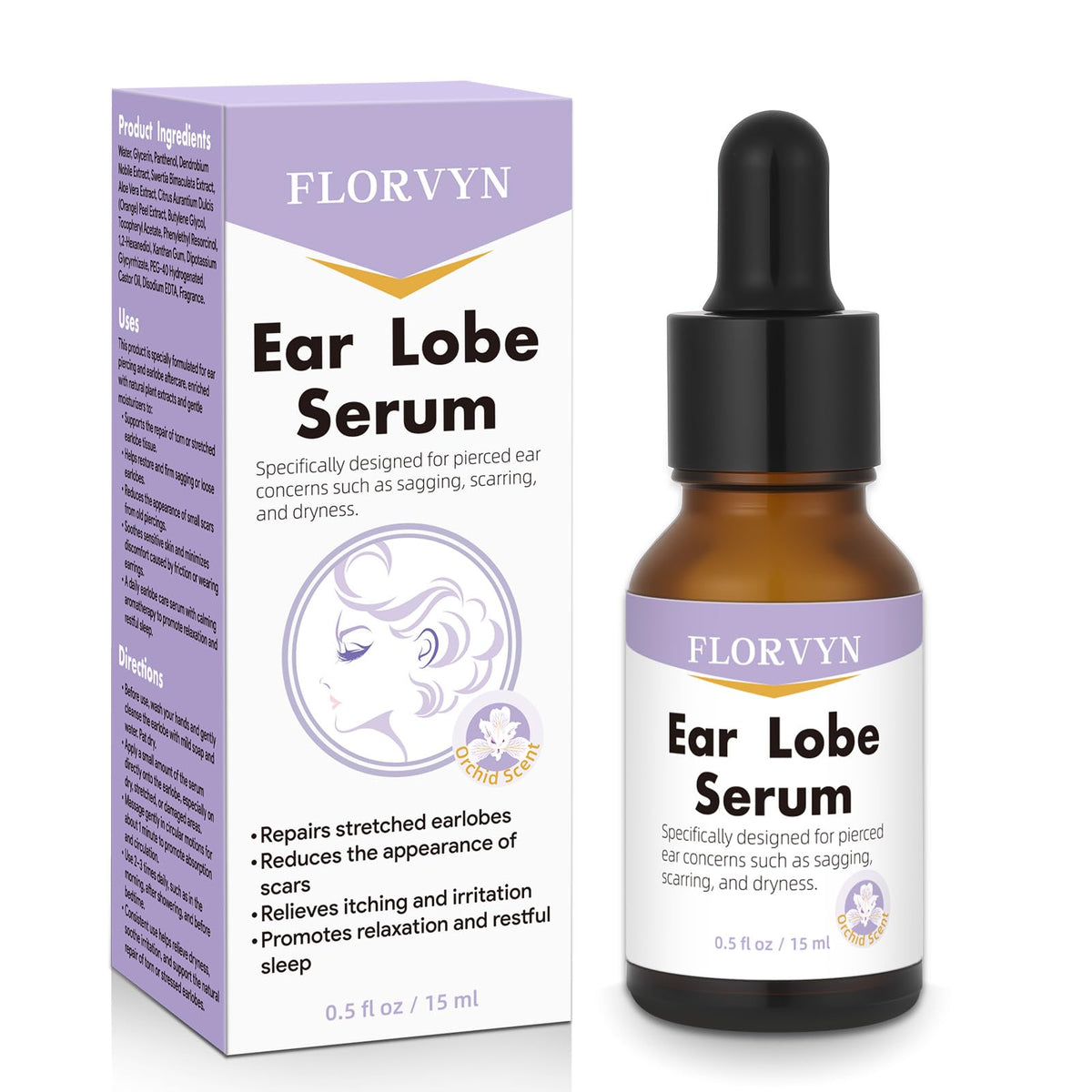 Florvyn rejuvenating ear-lobe serum bottle supports daily elasticity