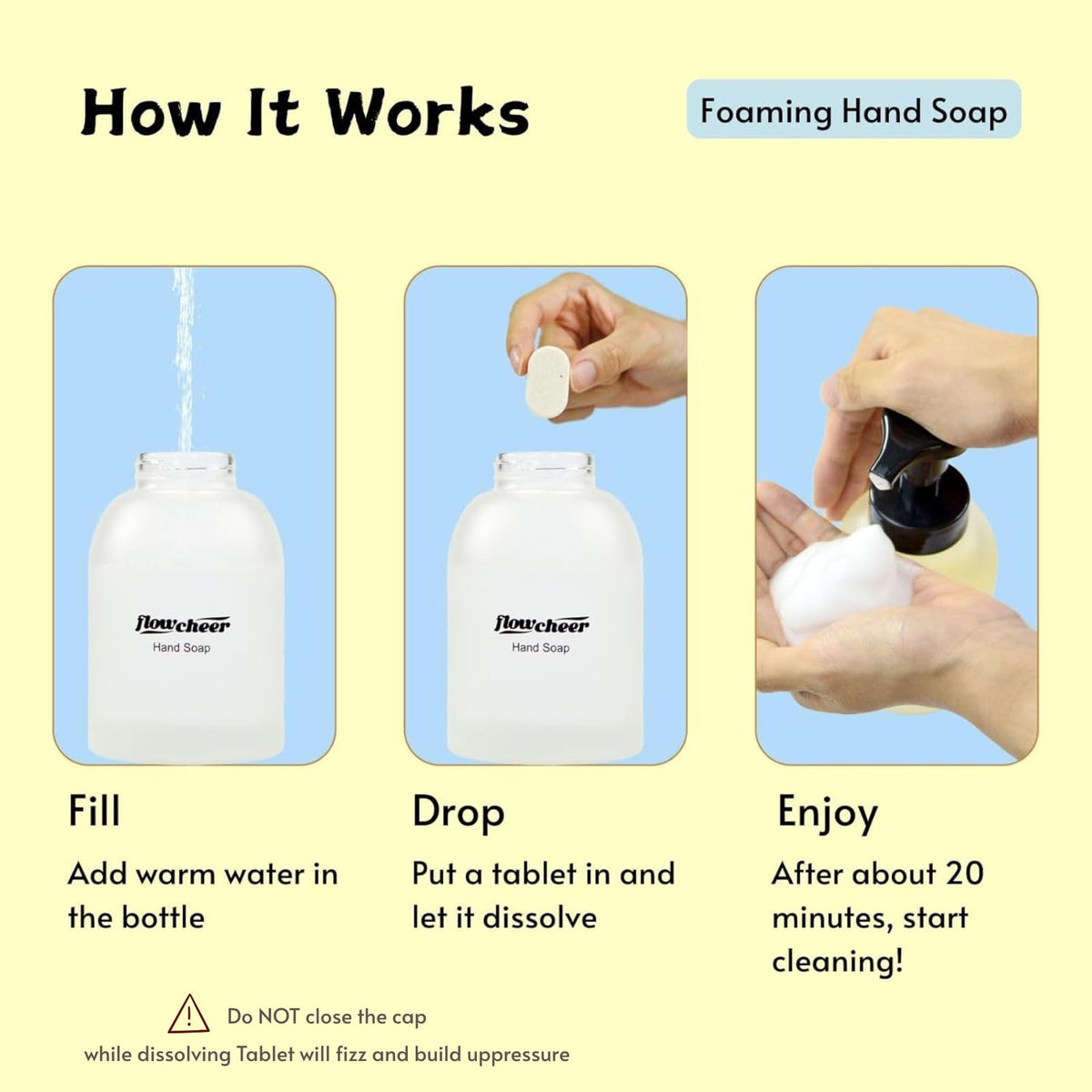 Creamy Flowcheer foam forms as tablets dissolve in water.