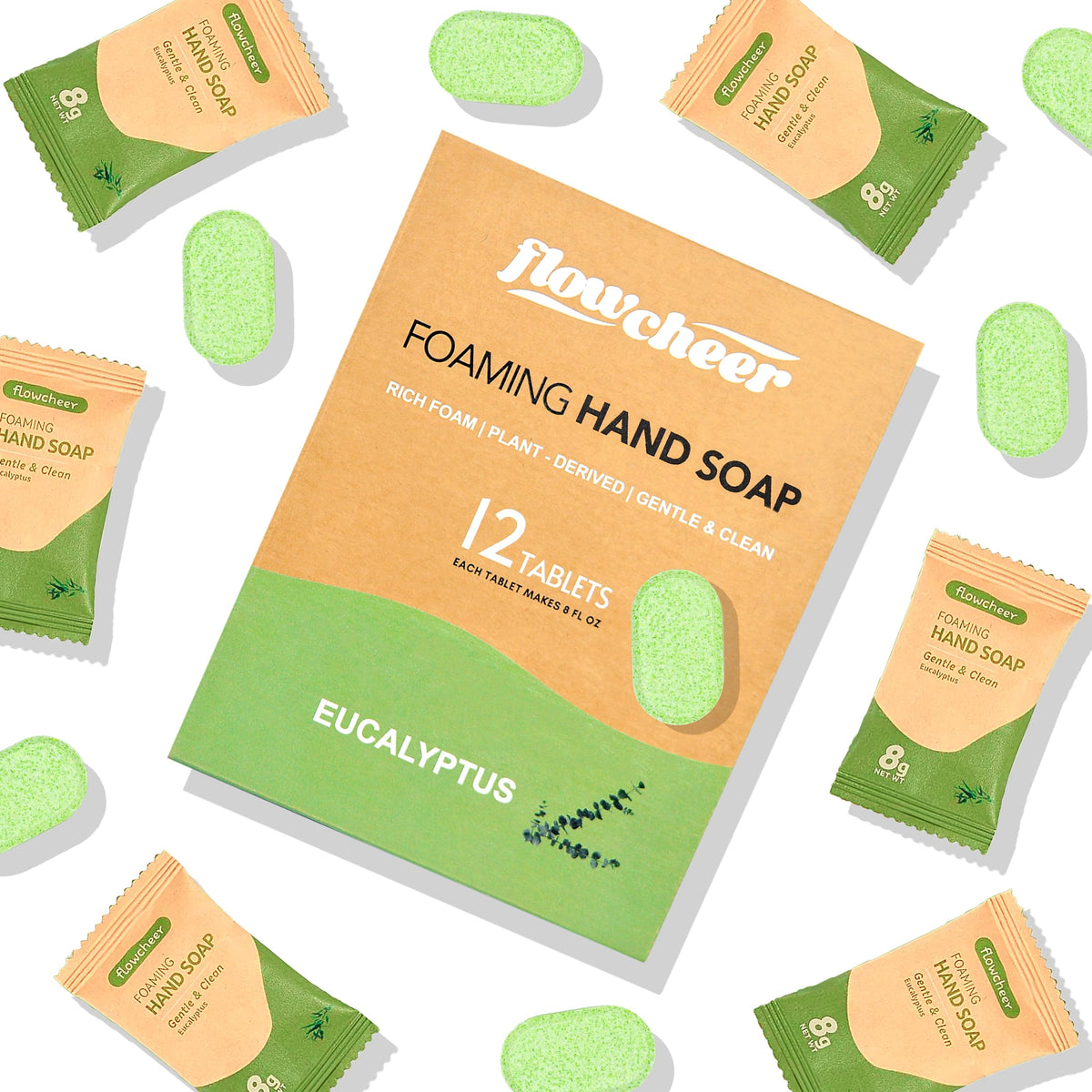 Flowcheer eucalyptus tablets in carton for easy hand soap refills.