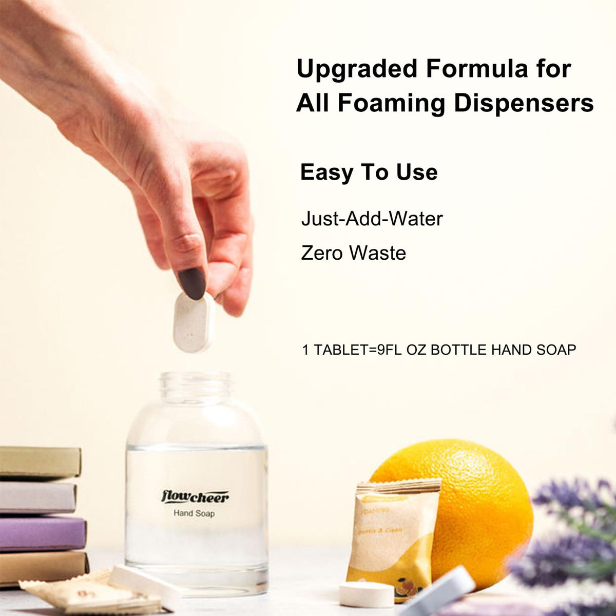 Flowcheer tablets dissolving in water to create rich foaming soap.