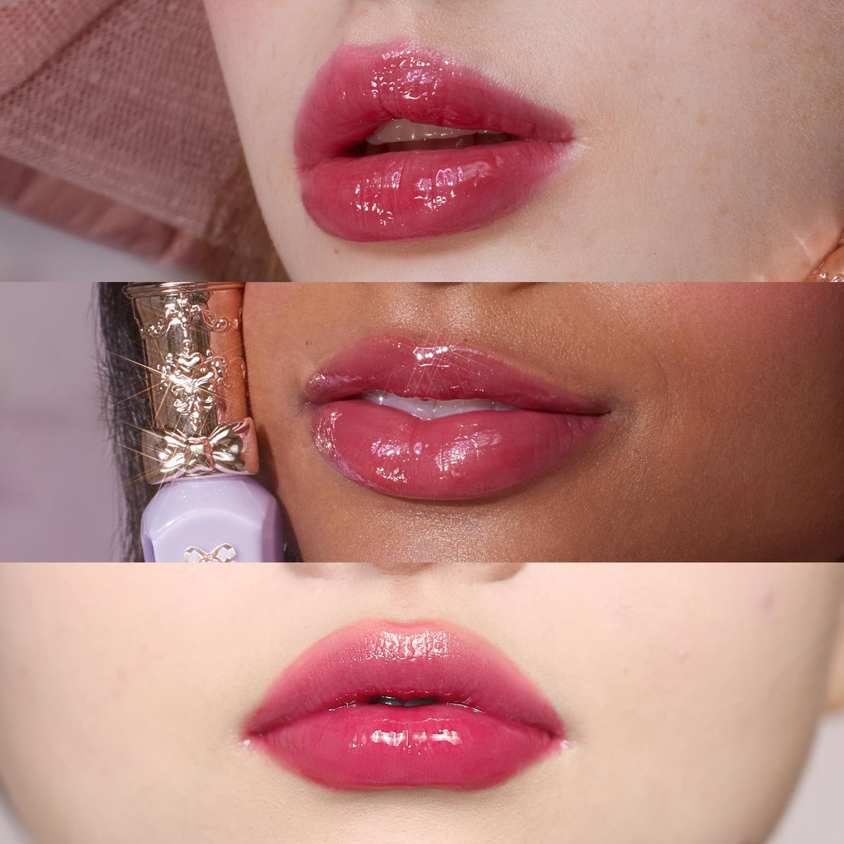 Flower Knows lip gloss swatch in berry pink for vivid summer looks