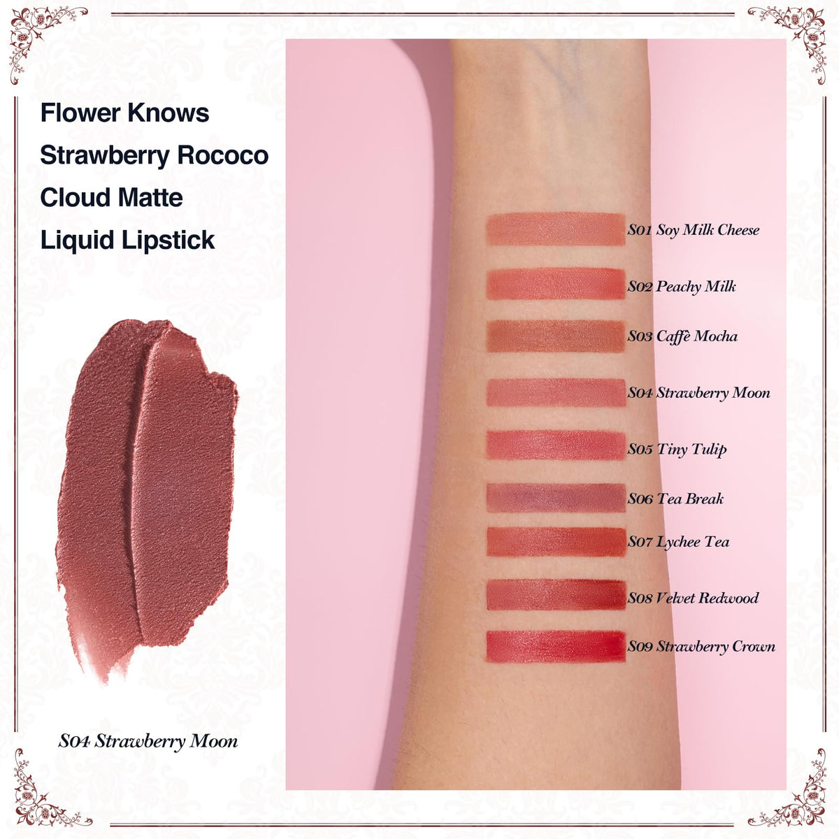 Flower Knows cloud-like matte finish feels weightless on lips.