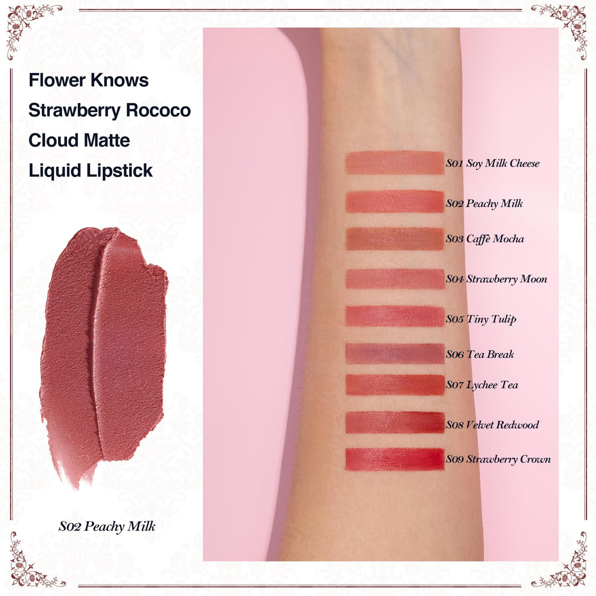 Flower Knows cloud-matte texture delivers a featherweight, comfortable matte finish.