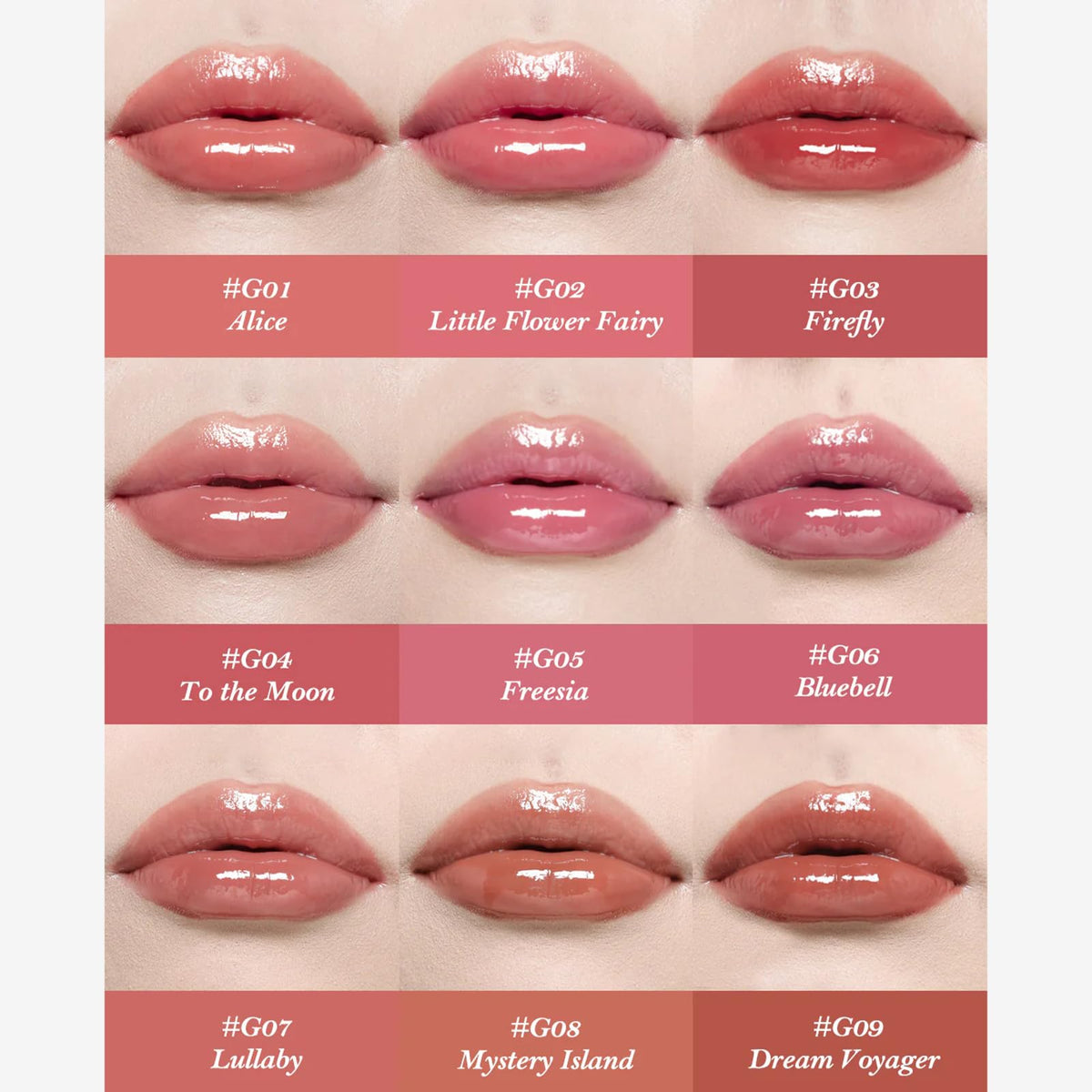 G02 Little Flower Fairy shade swatch shows effortless tinted lip oil finish.