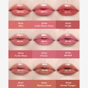 G02 Little Flower Fairy shade swatch shows effortless tinted lip oil finish.