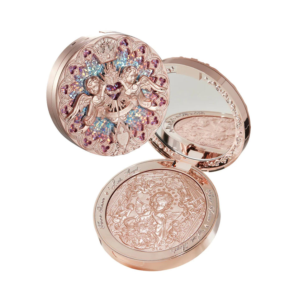 Flower Knows Little Angel Embossed Highlighter Rose Champagne compact shows luminous glow for daily radiance