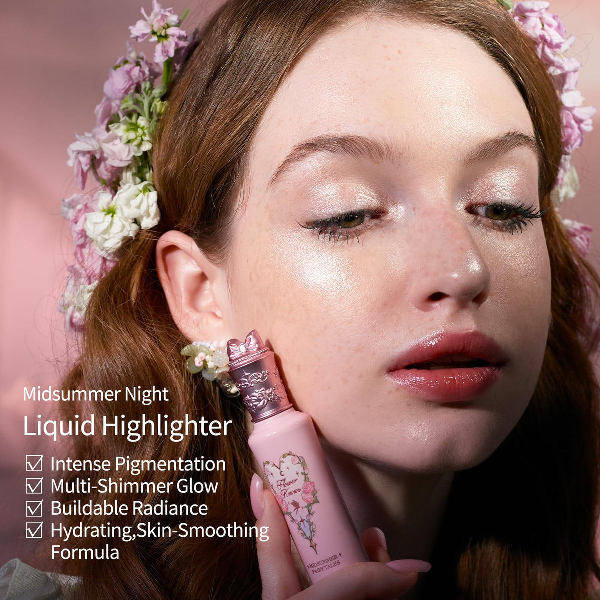 Flower Knows Midsummer luminous cheek glow demonstrates buildable shimmer.