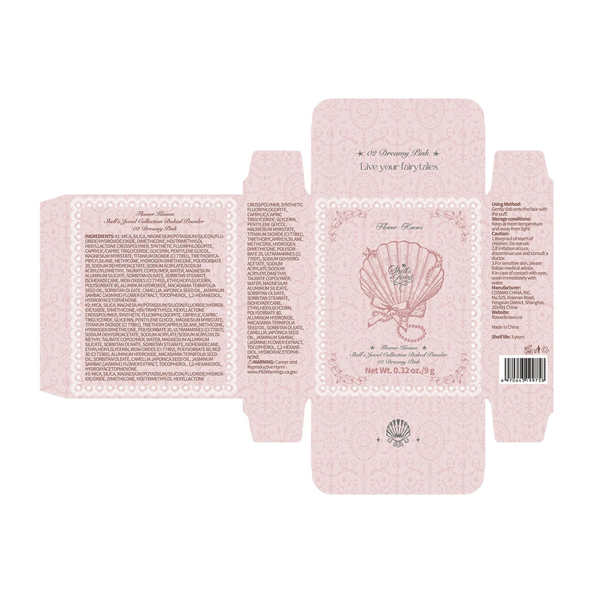 Flower Knows Shell's Jewel powder in 02 Dreamy Pink creates an even tone with pearls.