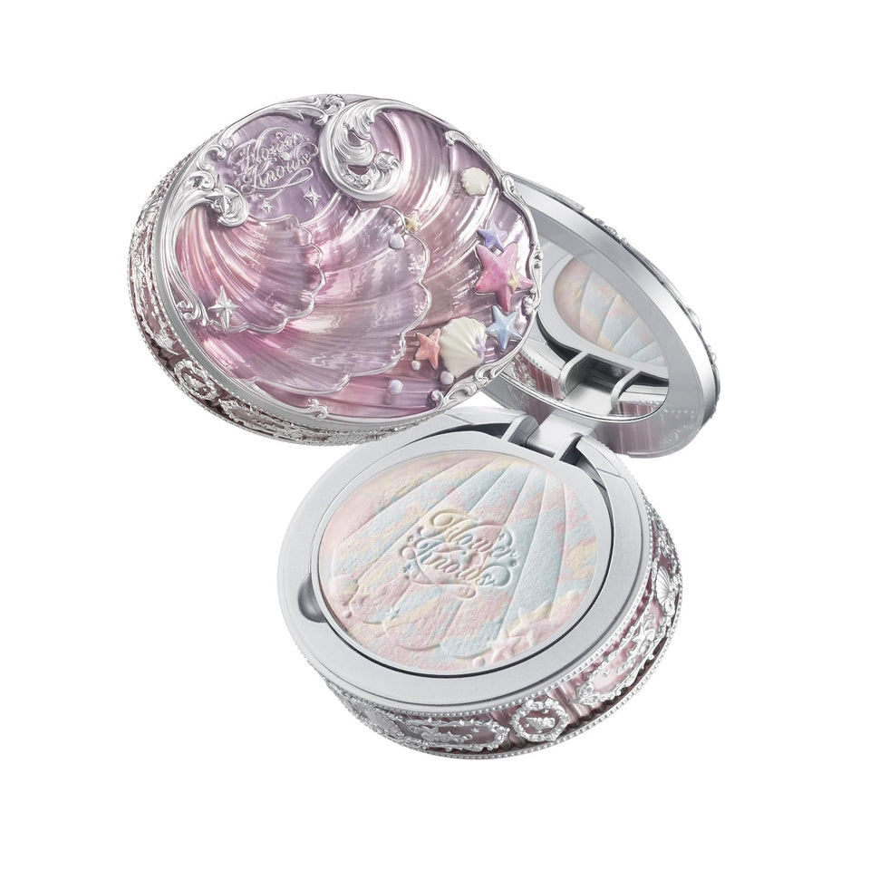 Flower Knows Shell's Jewel baked powder compact with mirror for convenient touch-ups on the go.