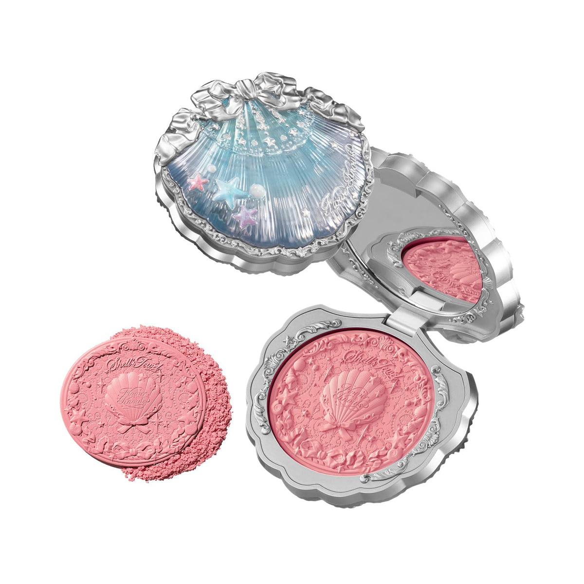 Flower Knows Shells Jewel compact with seashell design for on-the-go touch-ups.
