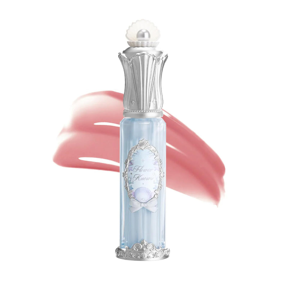 Flower Knows Shells Jewel Nourishing Lip Glaze close-up showing glassy, non-sticky shine