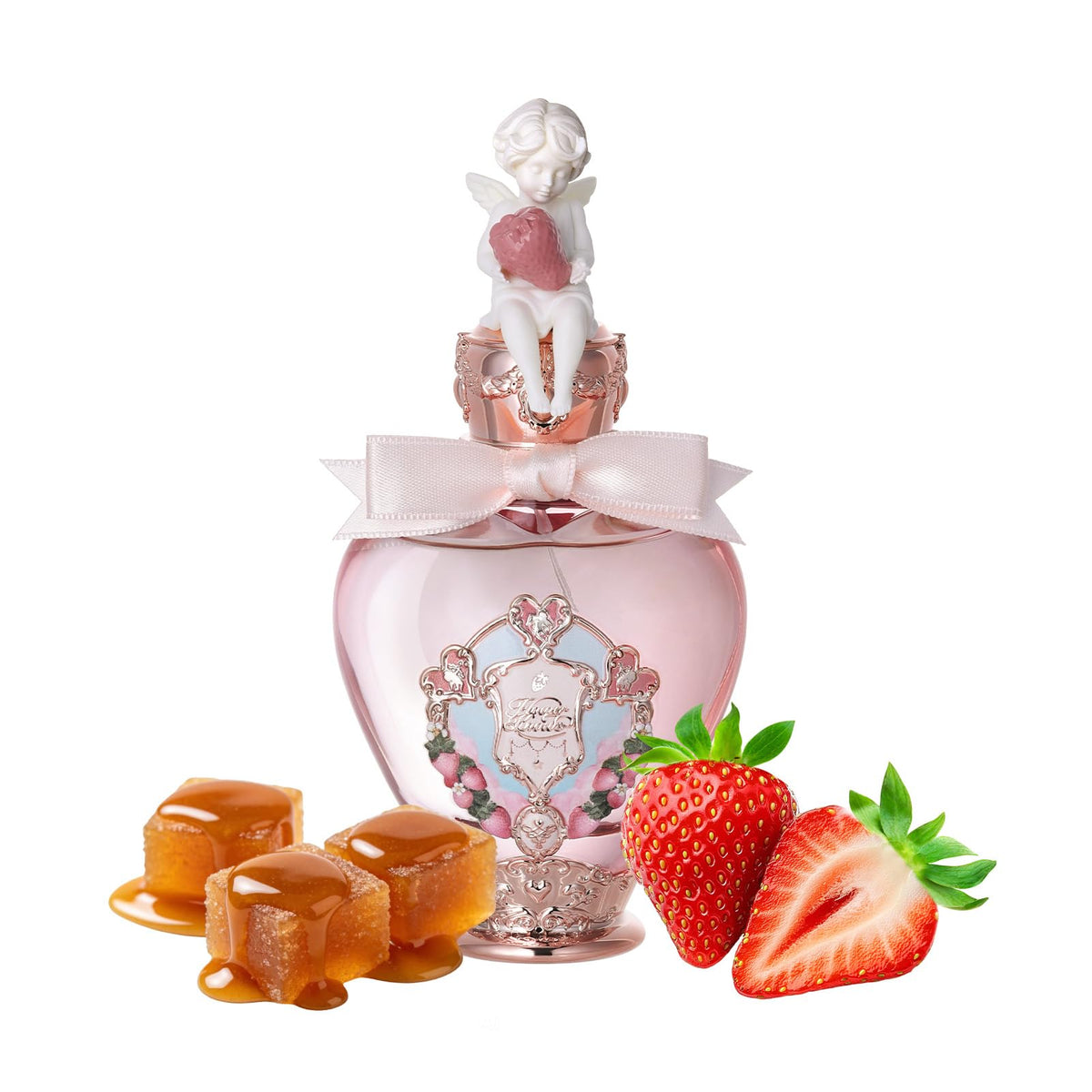 Flower Knows Strawberry Cupid bottle front view, gift-worthy design for her.