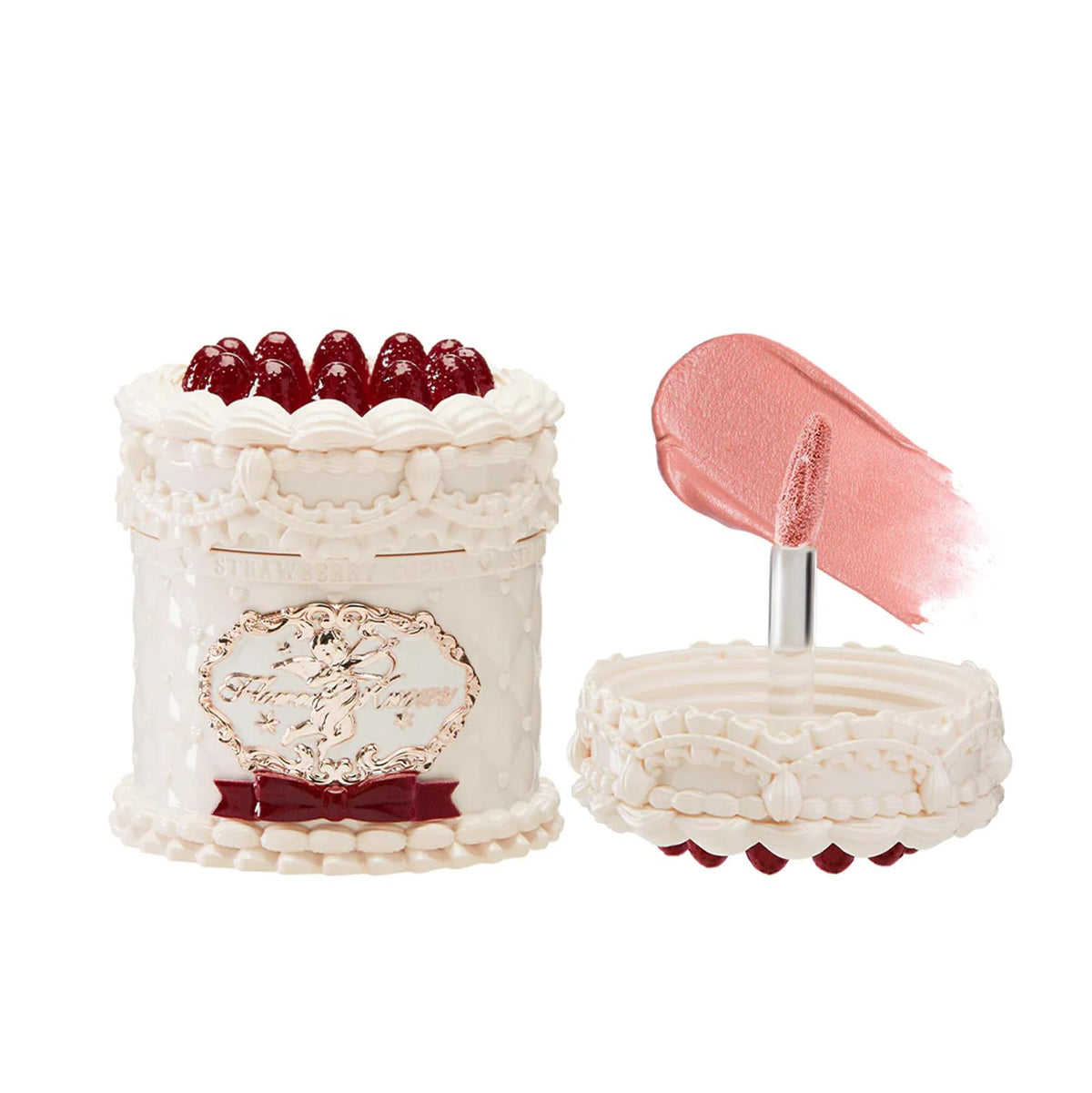 Flower Knows Strawberry Cupid Cake lip cream jar with dessert-inspired shade on display.