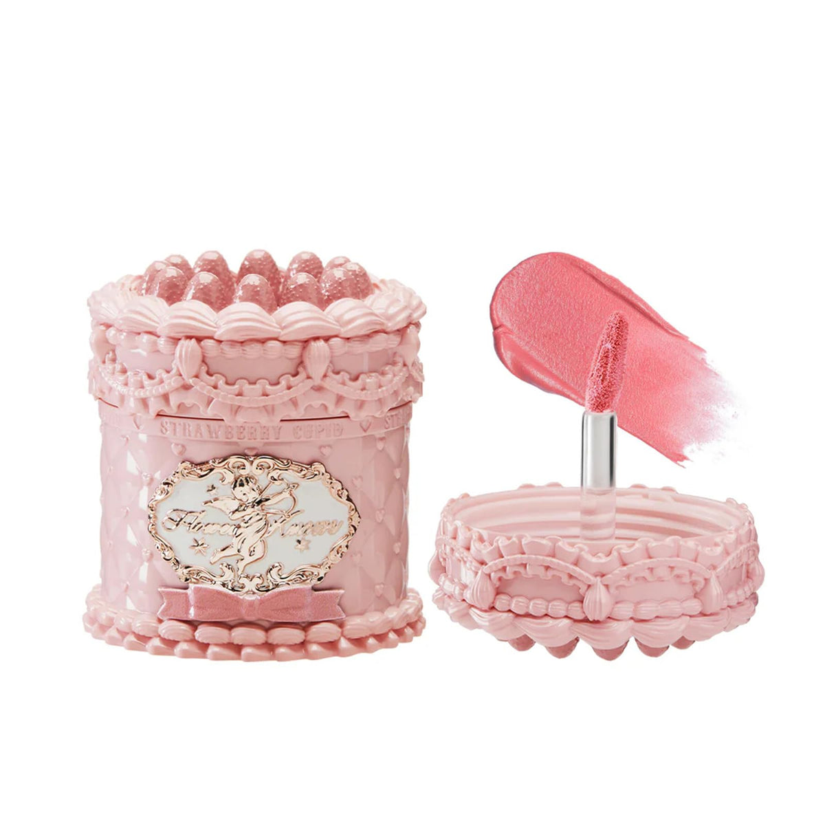Flower Knows Strawberry Cupid Cake Lip Cream jar showcases dessert-inspired design for chic color.