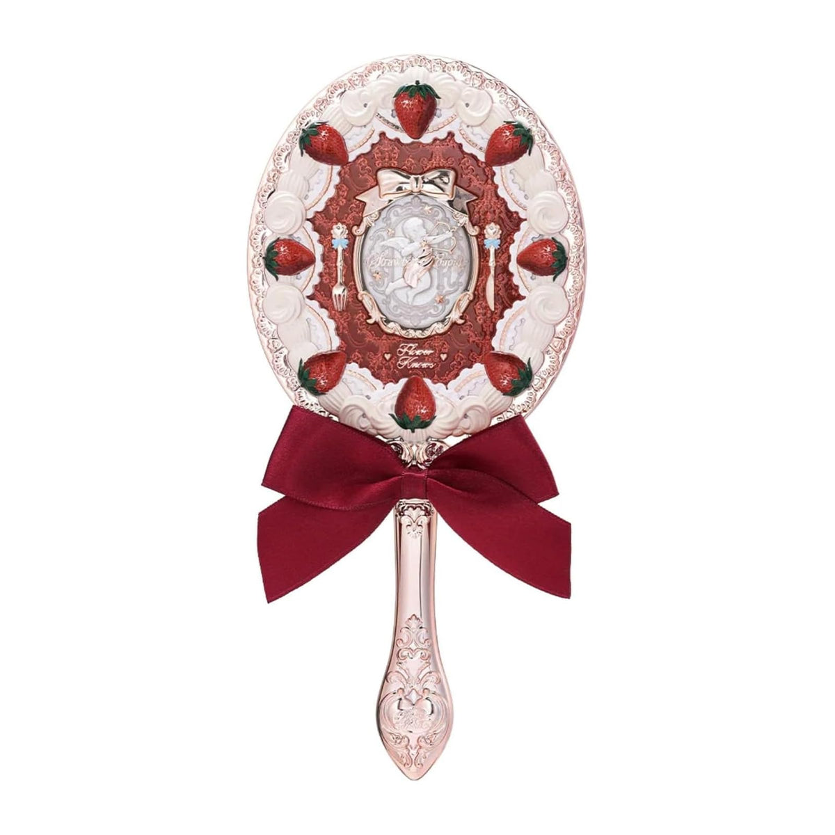 Flower Knows Strawberry Cupid Mirror, front view, elegant Rococo-inspired design for everyday touch-ups.