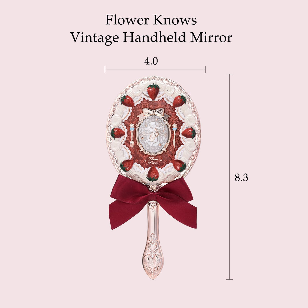 Flower Knows Strawberry Cupid Mirror, long handle, easy grip for precise makeup checks.