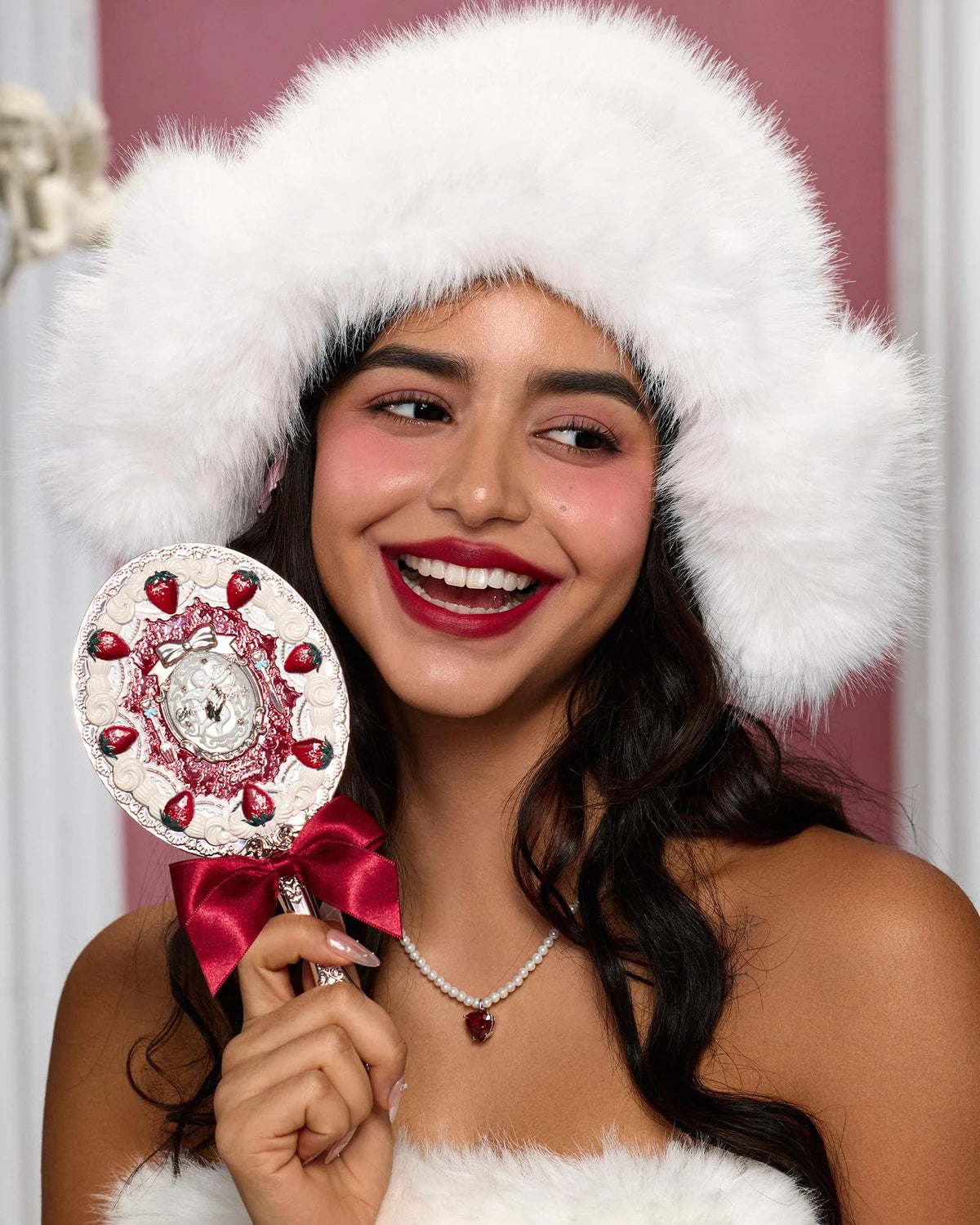 Flower Knows Strawberry Cupid Mirror, strawberry cake detail, charming focal point for vanity.