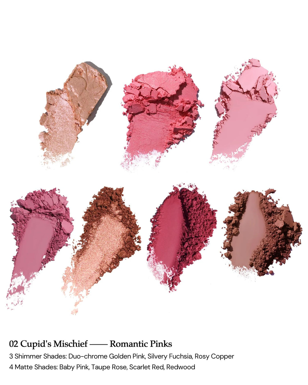 Swatches display matte and shimmer finishes for buildable color