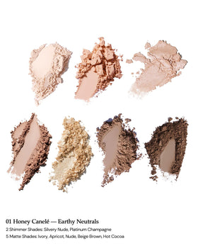 Swatches of seven shades ready to build soft to dramatic color payoff.