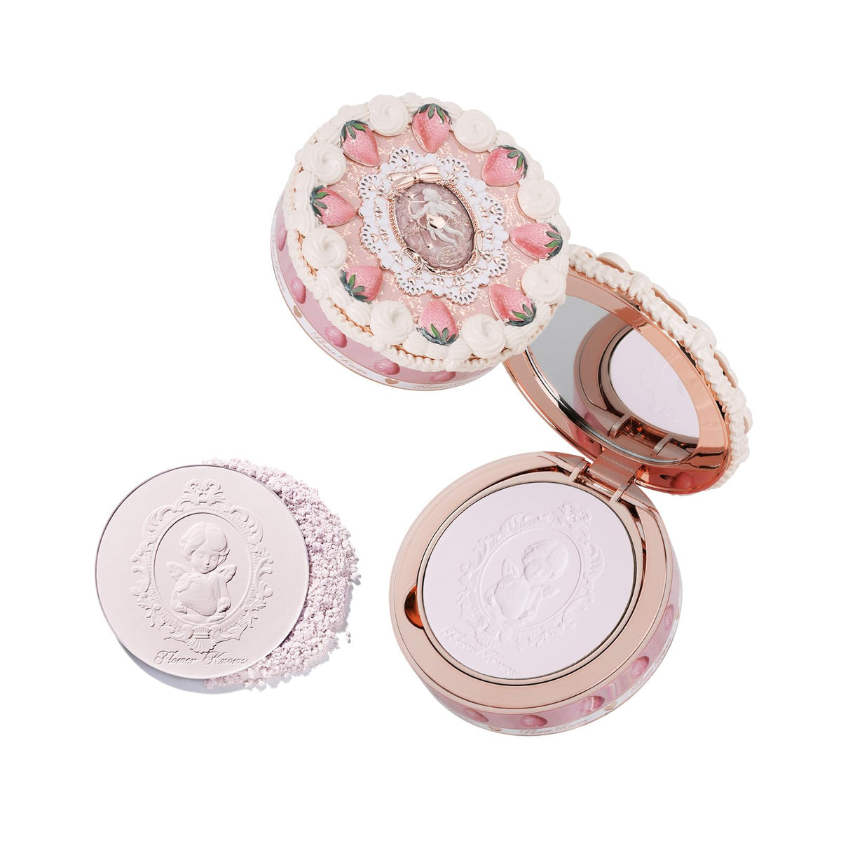 Flower Knows Strawberry Cupid pressed powder compact delivers pore-blurring finish with a built-in mirror.