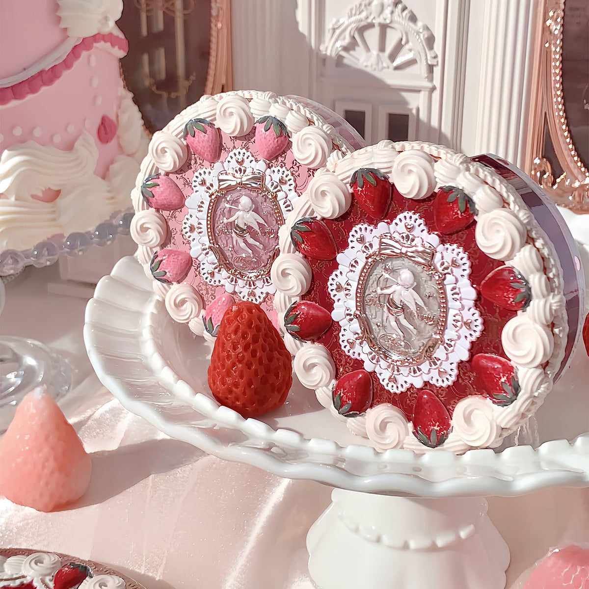Flower Knows Strawberry Cupid pressed powder packaging with built-in mirror for quick touch-ups.