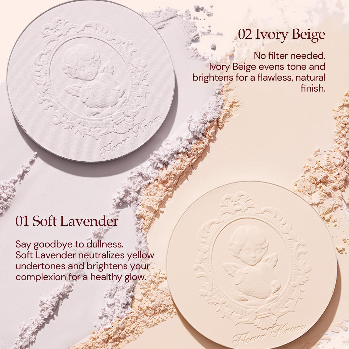 Flower Knows Strawberry Cupid pressed powder compact close-up highlighting pore-blurring texture.