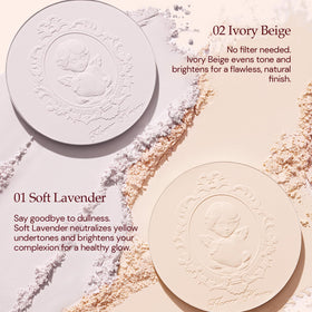 Flower Knows Strawberry Cupid pressed powder compact close-up highlighting pore-blurring texture.