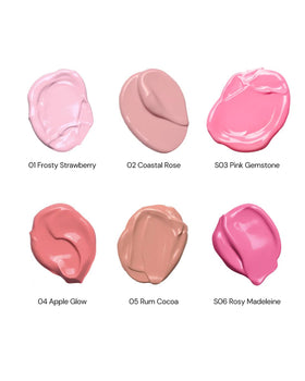 Flower Knows Strawberry Cupid swatches reveal dewy finish on skin.