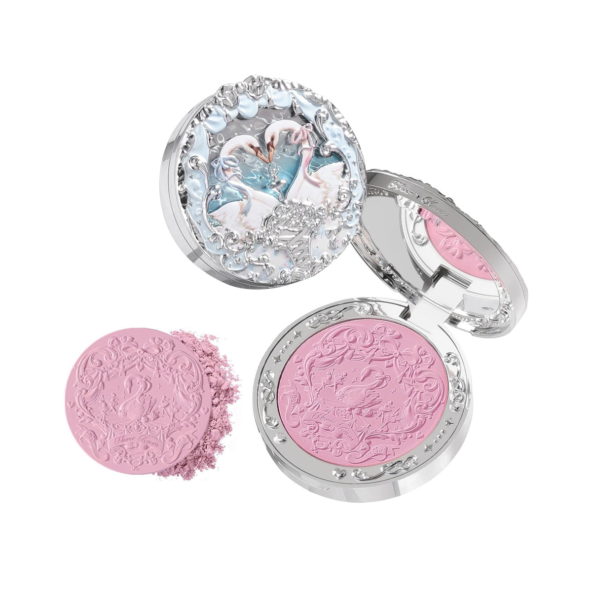 Flower Knows Swan Ballet embossed blush compact with 3D swan design for gifting.