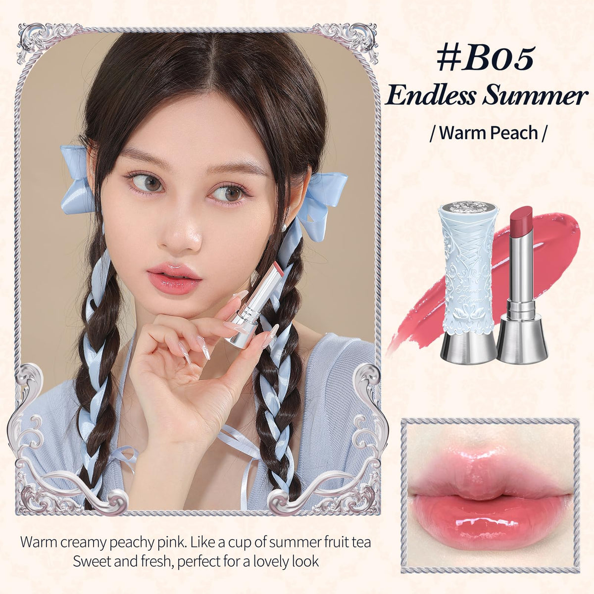 Flower Knows Swan Ballet Endless Summer shade on lips with peach pink glow