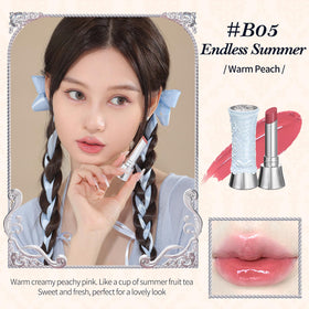 Flower Knows Swan Ballet Endless Summer shade on lips with peach pink glow