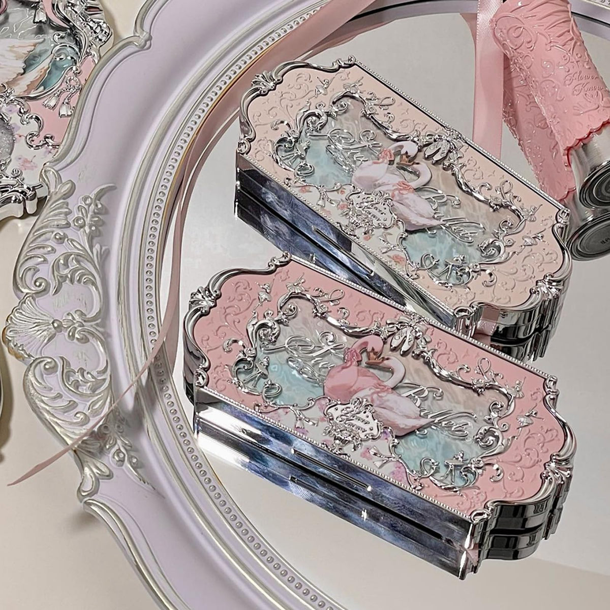 Flower Knows Swan Ballet palette intricate engraving details on the case.