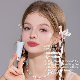 Flower Knows Swan Ballet Shine Lipstick application demonstrates jelly shine