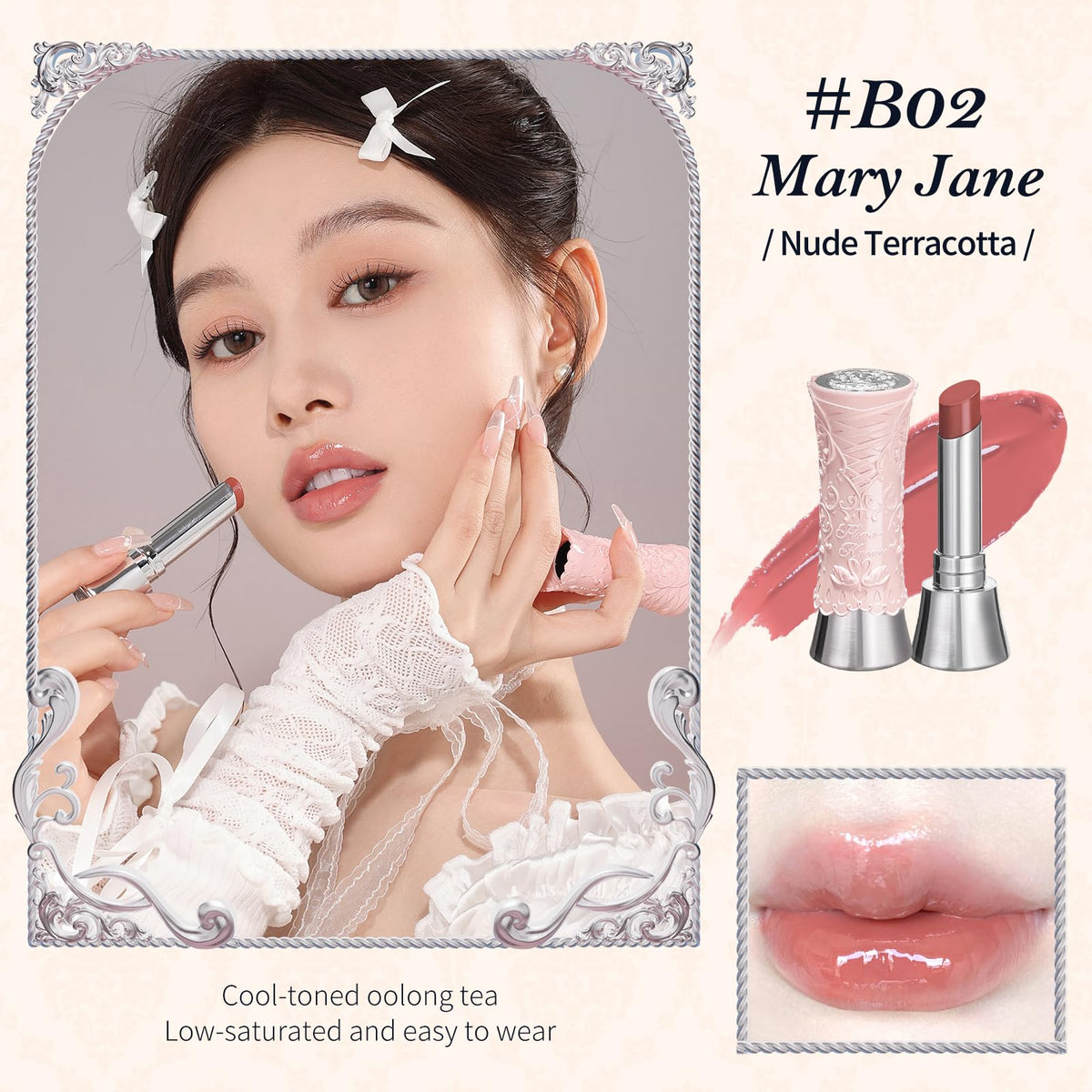 Flower Knows Swan Ballet Shine Lipstick being applied for a smooth non-sticky layer