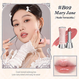 Flower Knows Swan Ballet Shine Lipstick being applied for a smooth non-sticky layer