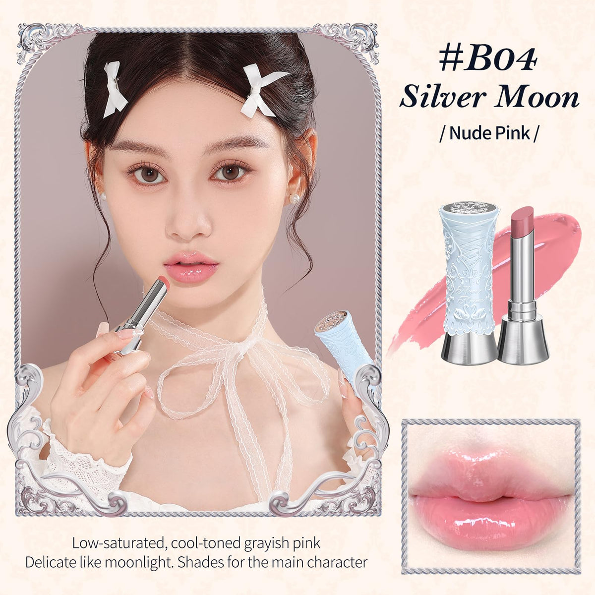 Flower Knows Swan Ballet Shine Lipstick closeup highlights high-shine, hydrating gloss.