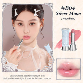 Flower Knows Swan Ballet Shine Lipstick closeup highlights high-shine, hydrating gloss.