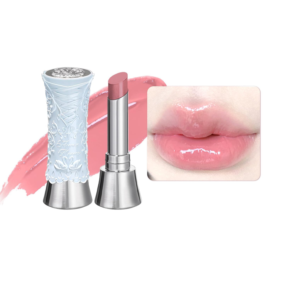Flower Knows Swan Ballet Shine Lipstick packaging showcases elegant, gift-ready luxury.